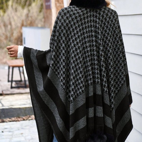 Black Preppy Womens Houndstooth Pattern Pom Pom Decor Fringe Hem Cape Cardigan - Picture 2 of 5